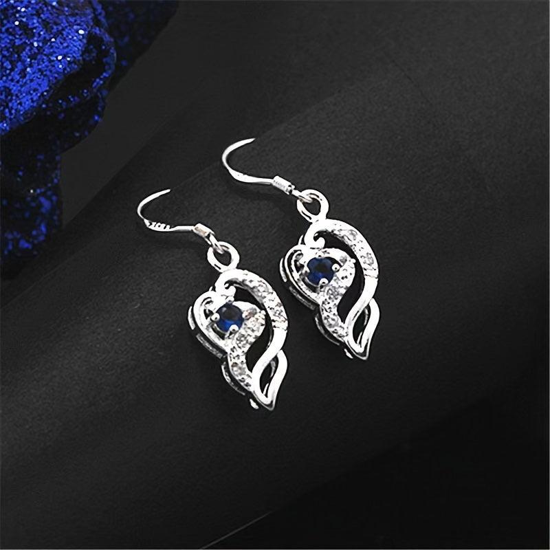 925 Silver Plated Heart Shaped Sapphire Drop Earrings