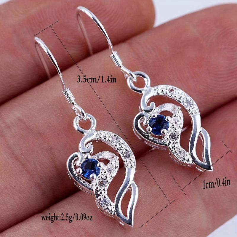 925 Silver Plated Heart Shaped Sapphire Drop Earrings