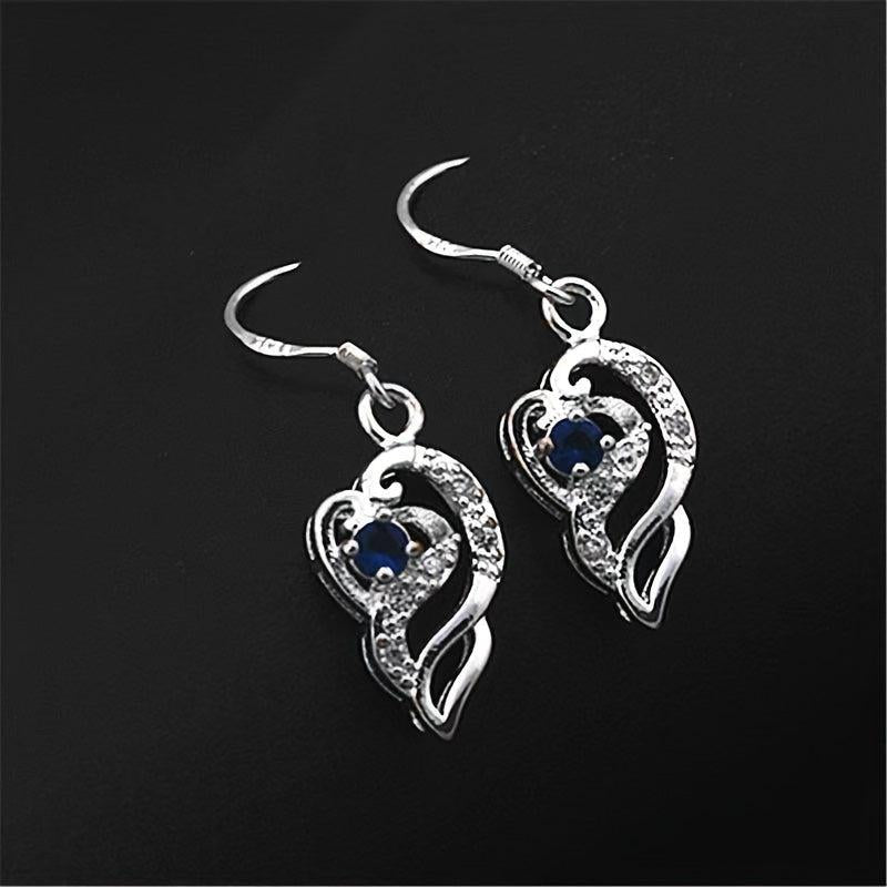925 Silver Plated Heart Shaped Sapphire Drop Earrings