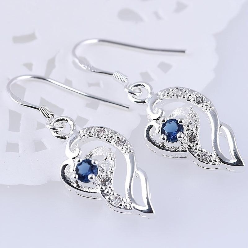 925 Silver Plated Heart Shaped Sapphire Drop Earrings