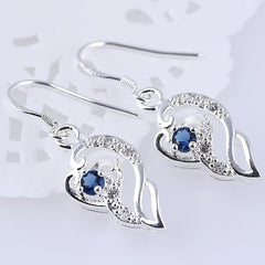 925 Silver Plated Heart Shaped Sapphire Drop Earrings