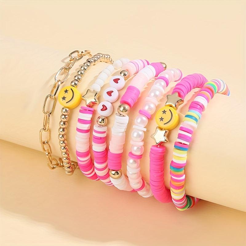 Bohemian Candy Soft Clay Bracelet Set Smile Heart Star Bead Pearl Pendant