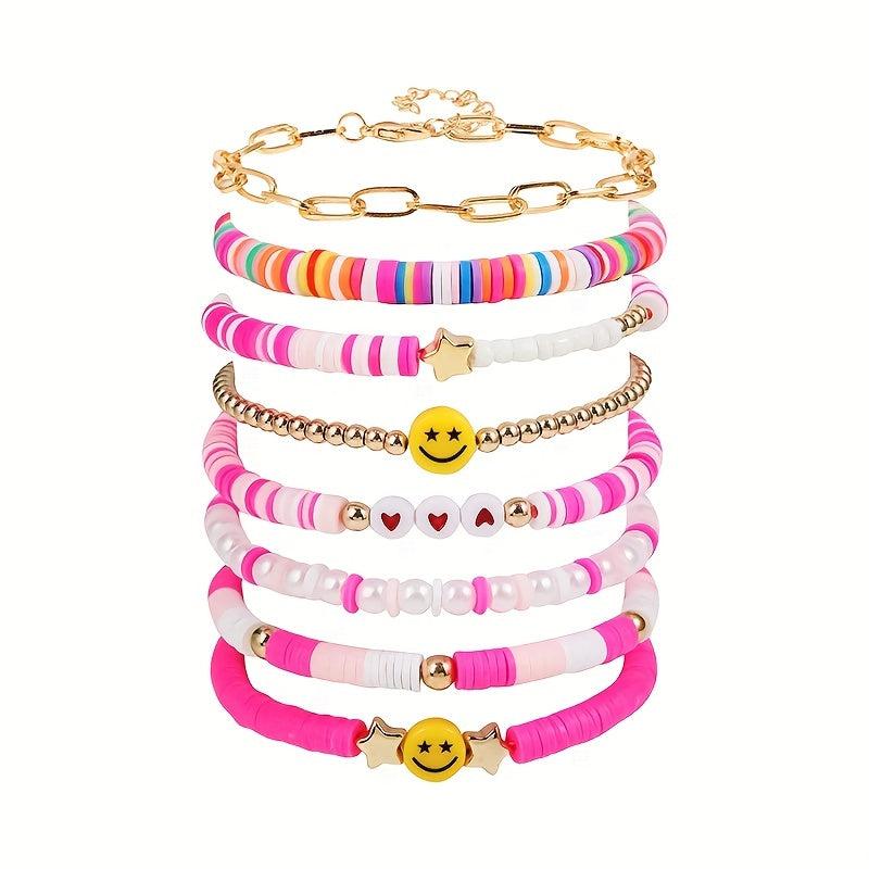 Bohemian Candy Soft Clay Bracelet Set Smile Heart Star Bead Pearl Pendant