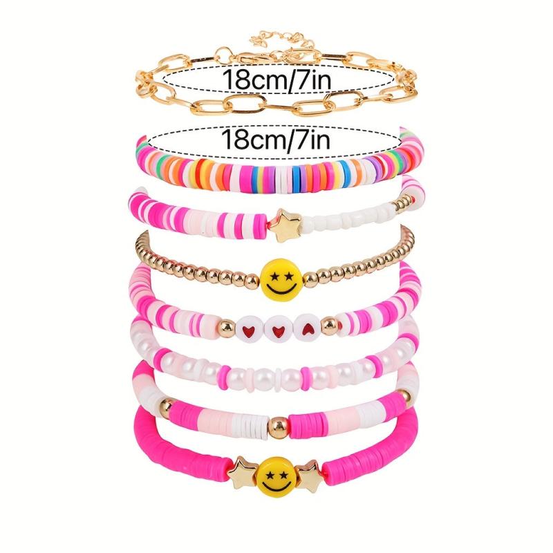 Bohemian Candy Soft Clay Bracelet Set Smile Heart Star Bead Pearl Pendant