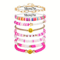 Bohemian Candy Soft Clay Bracelet Set Smile Heart Star Bead Pearl Pendant