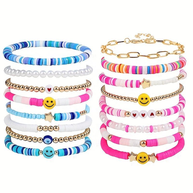 Bohemian Candy Soft Clay Bracelet Set Smile Heart Star Bead Pearl Pendant