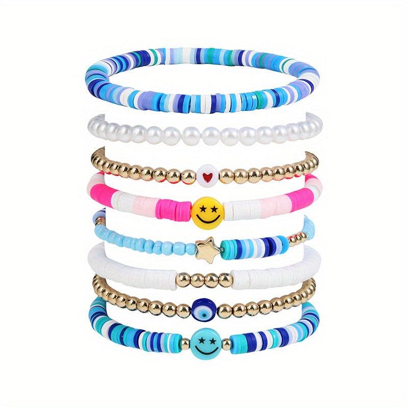 Bohemian Candy Soft Clay Bracelet Set Smile Heart Star Bead Pearl Pendant