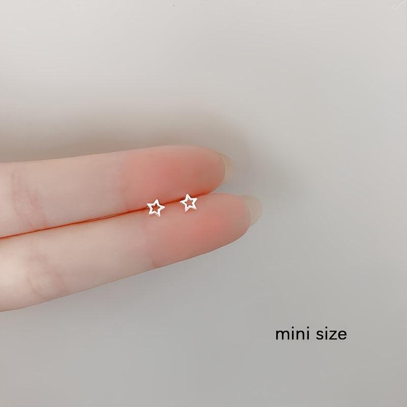 Mini Silvery Needle Stud Earrings Love Heart Star Triangle Square