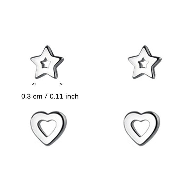 Mini Silvery Needle Stud Earrings Love Heart Star Triangle Square