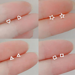 Mini Silvery Needle Stud Earrings Love Heart Star Triangle Square