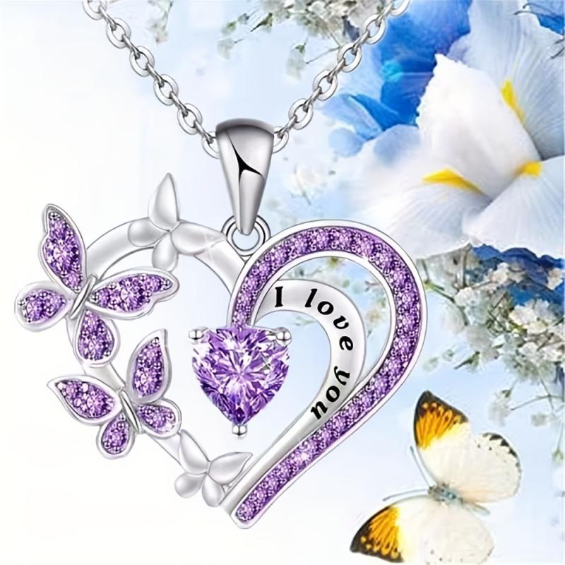 Heart Amethyst Butterfly Pendant Necklace For Women Girls Party Jewelry
