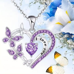 Heart Amethyst Butterfly Pendant Necklace For Women Girls Party Jewelry