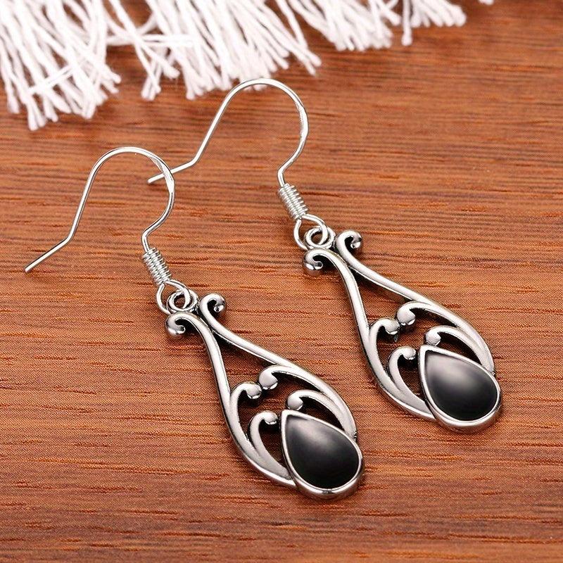 Vintage Hollow Drop Earrings 925 Silver Plated Dangle Hoop