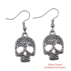 Skull With Leaf Flower Pattern Gothic Dangle Earrings