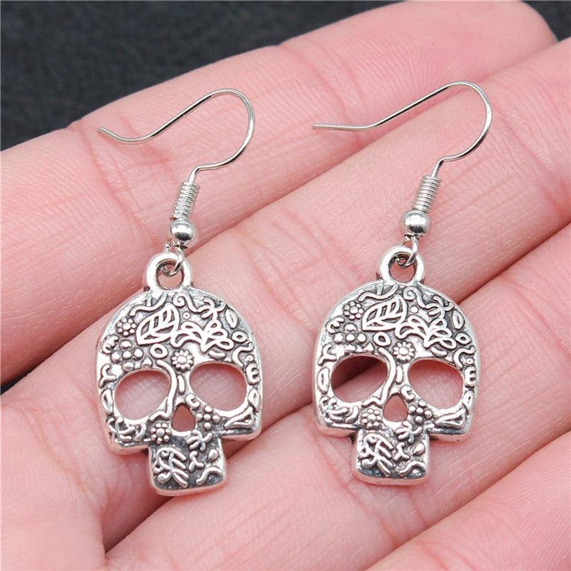 Skull With Leaf Flower Pattern Gothic Dangle Earrings