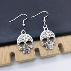 Skull With Leaf Flower Pattern Gothic Dangle Earrings