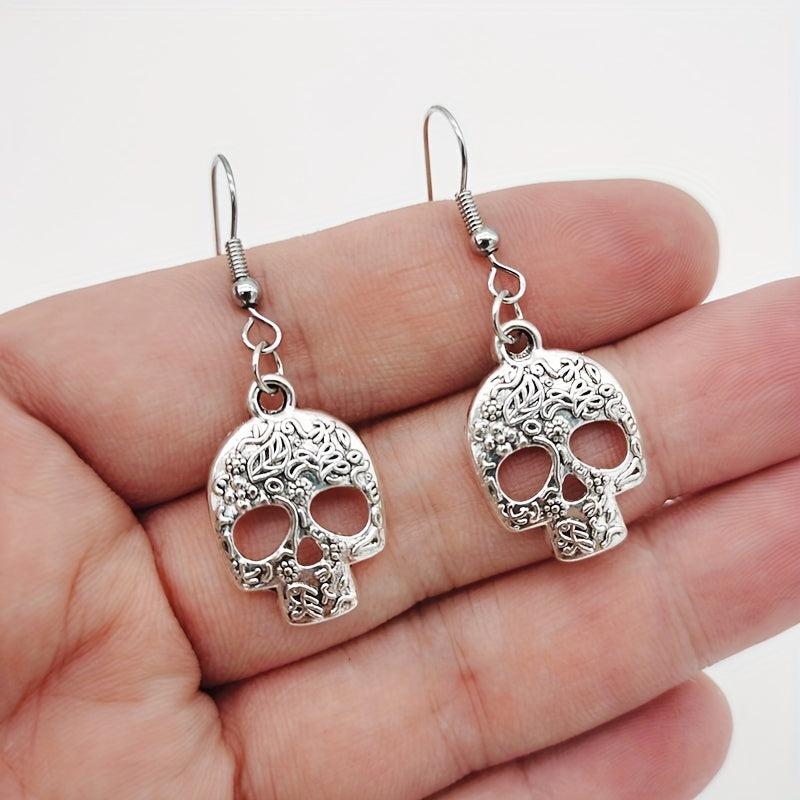 Skull With Leaf Flower Pattern Gothic Dangle Earrings