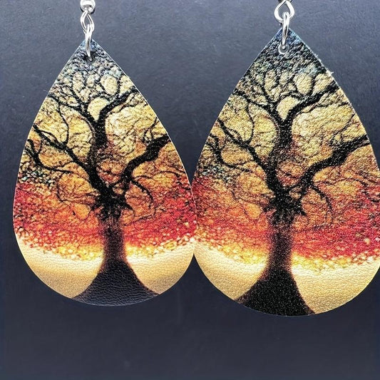 Tree Of Life Print Earrings, Synthetic Leather