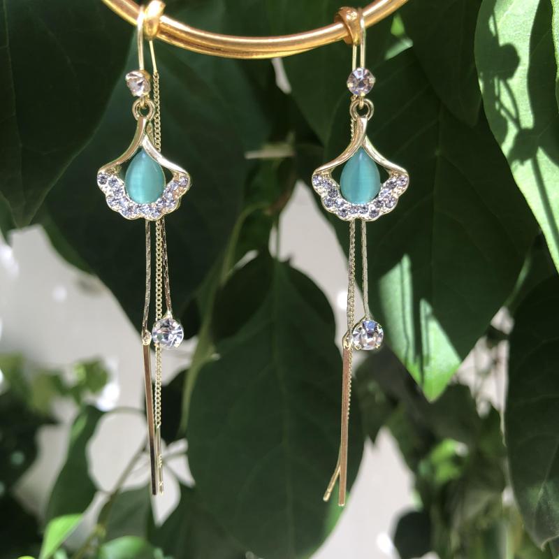 Ginkgo Leaf Earrings Cat Eye Stone Ear Jewelry