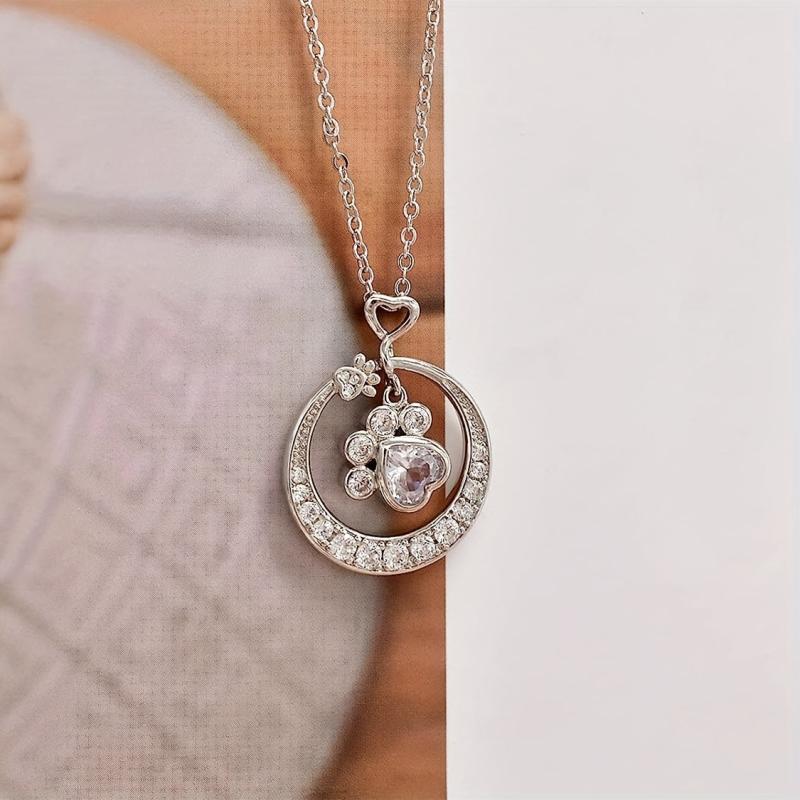 Paw Print Necklace For Women Girls Cat Dog Pet Paw Print Circle Pendant Necklace