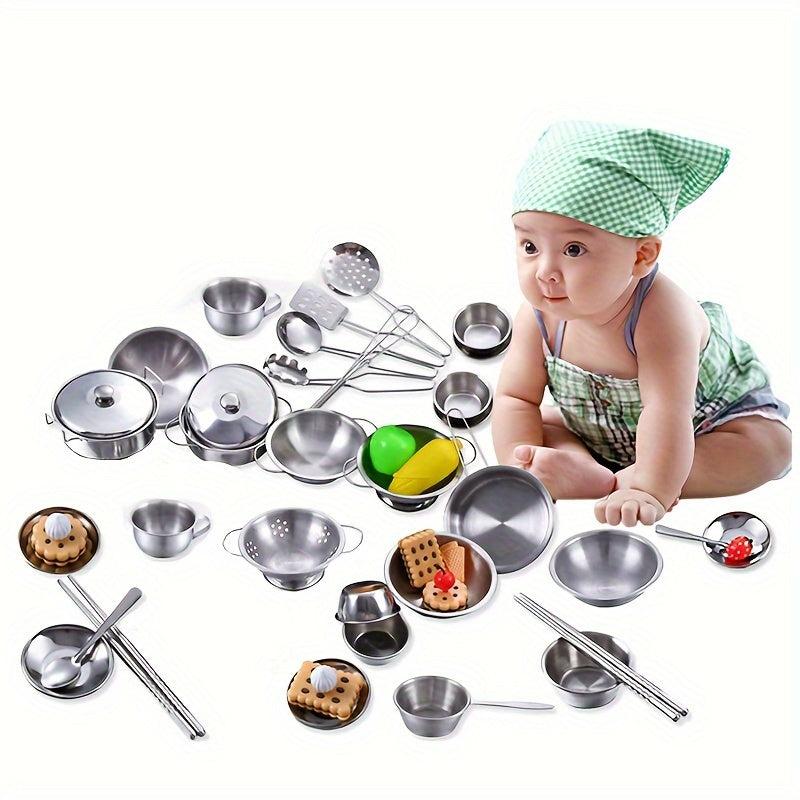 25Pcs Mini Kitchen Utensils Toys Set for Kids Stainless Steel Cooking Education