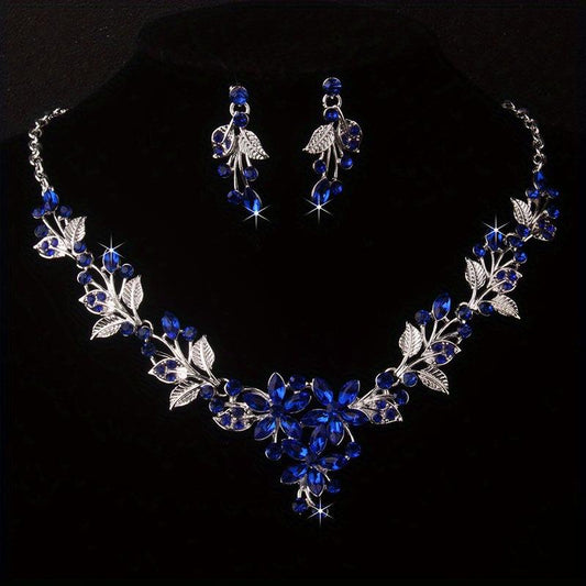 Royal Flower Rhinestone Necklace Earring Set