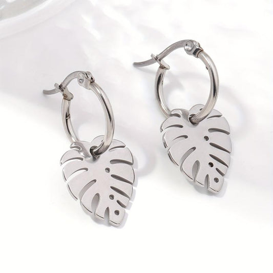 Stainless Steel Leaf Hoop Earrings for Biker Girls