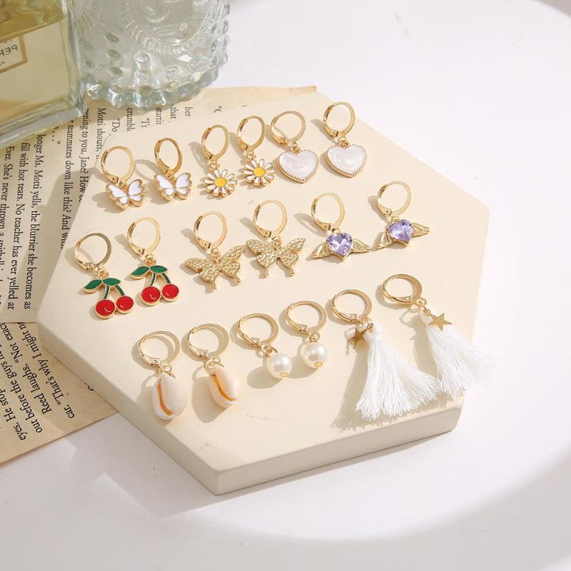 9 Pairs Rhinestone Earrings Set Butterfly Heart Cherry Pearl
