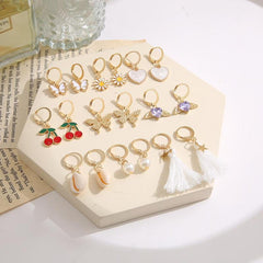 9 Pairs Rhinestone Earrings Set Butterfly Heart Cherry Pearl