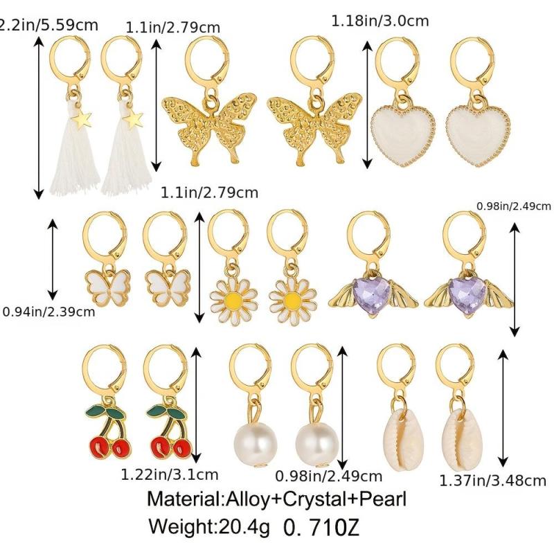 9 Pairs Rhinestone Earrings Set Butterfly Heart Cherry Pearl