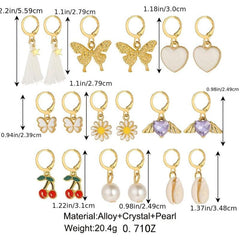 9 Pairs Rhinestone Earrings Set Butterfly Heart Cherry Pearl