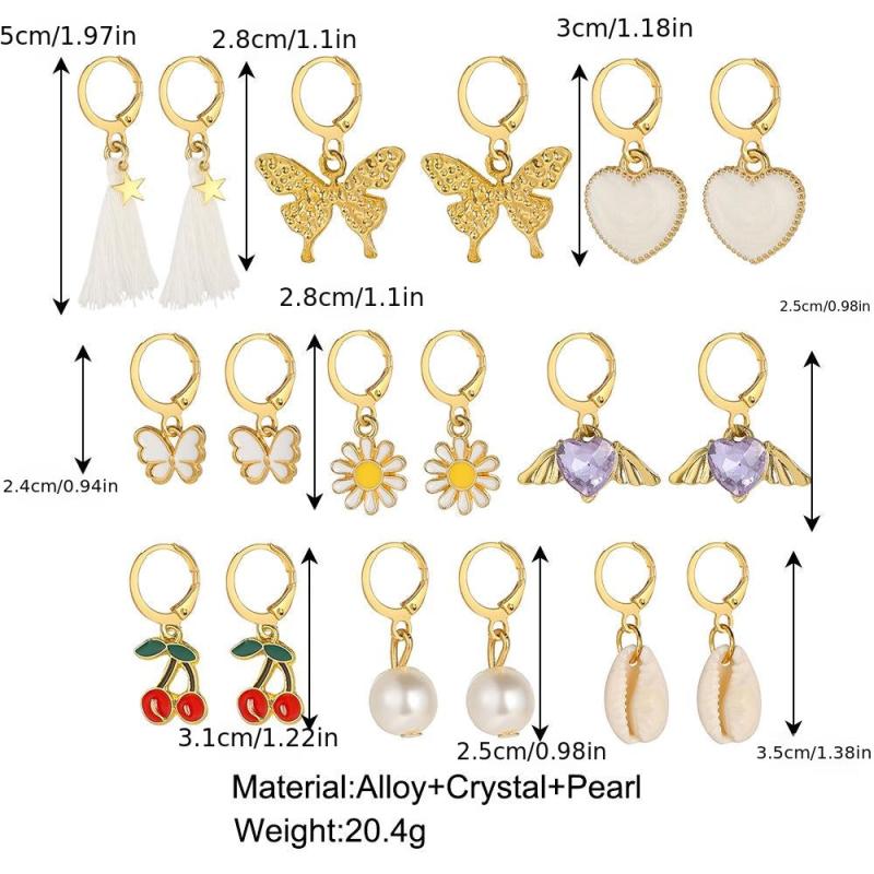9 Pairs Rhinestone Earrings Set Butterfly Heart Cherry Pearl