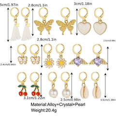 9 Pairs Rhinestone Earrings Set Butterfly Heart Cherry Pearl