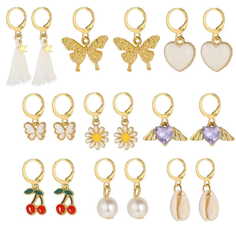 9 Pairs Rhinestone Earrings Set Butterfly Heart Cherry Pearl