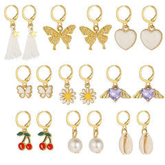 9 Pairs Rhinestone Earrings Set Butterfly Heart Cherry Pearl