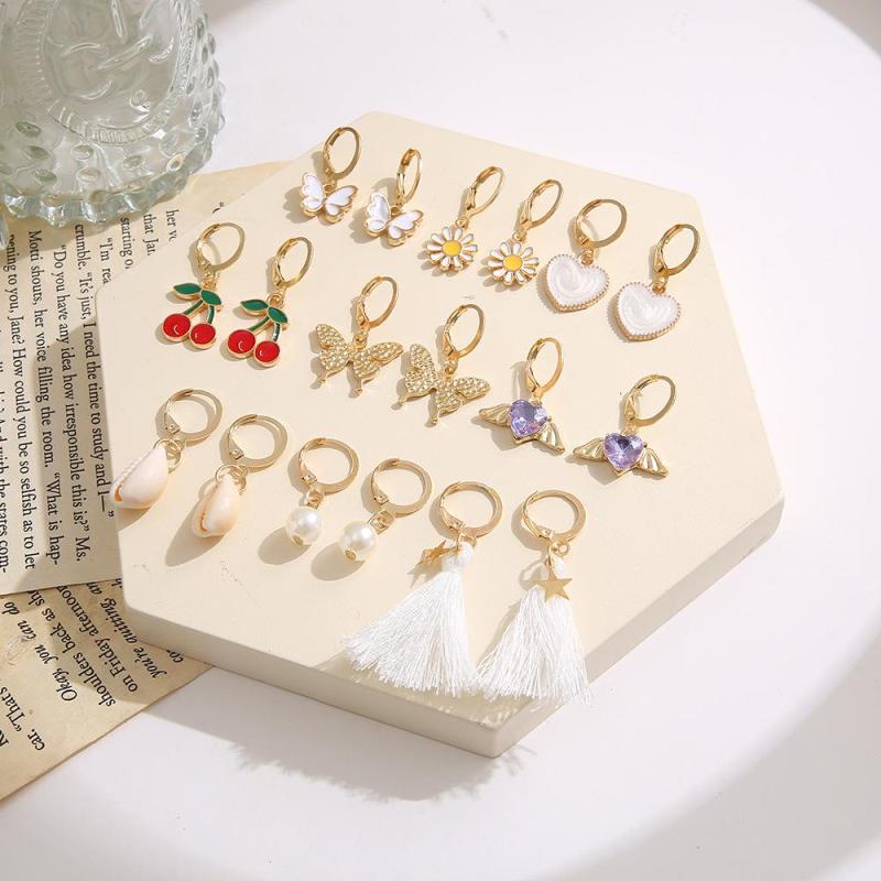 9 Pairs Rhinestone Earrings Set Butterfly Heart Cherry Pearl
