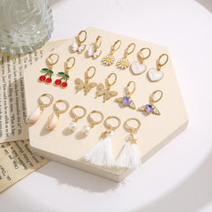 9 Pairs Rhinestone Earrings Set Butterfly Heart Cherry Pearl