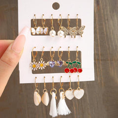 9 Pairs Rhinestone Earrings Set Butterfly Heart Cherry Pearl
