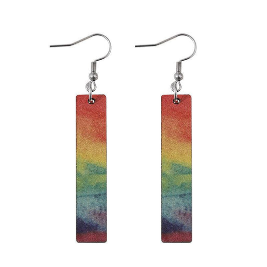 Hand Painted Rainbow Gradient Long Bar Wooden Earrings