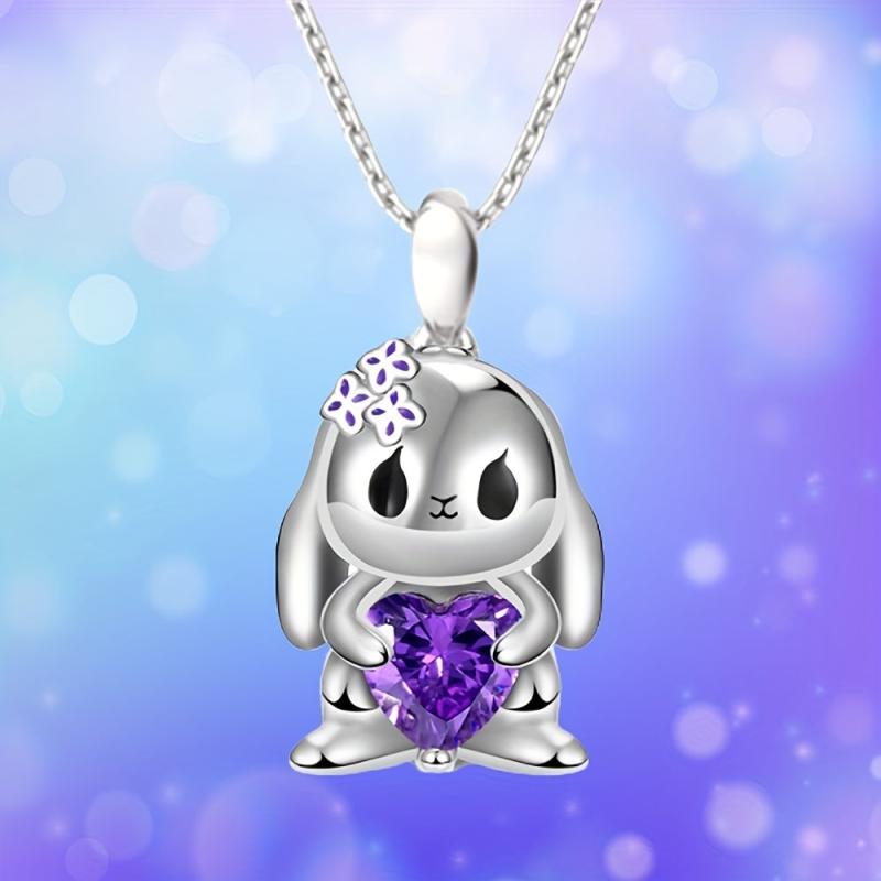 Heart Purple Crystal Bunny Pendant Necklace For Women