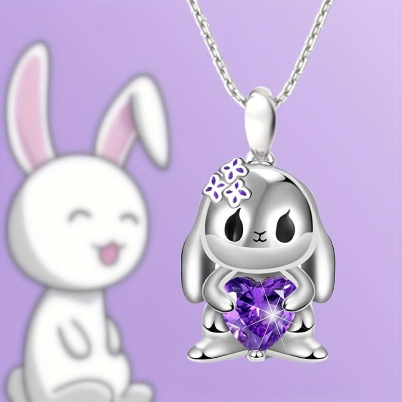 Heart Purple Crystal Bunny Pendant Necklace For Women