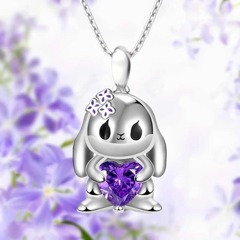 Heart Purple Crystal Bunny Pendant Necklace For Women