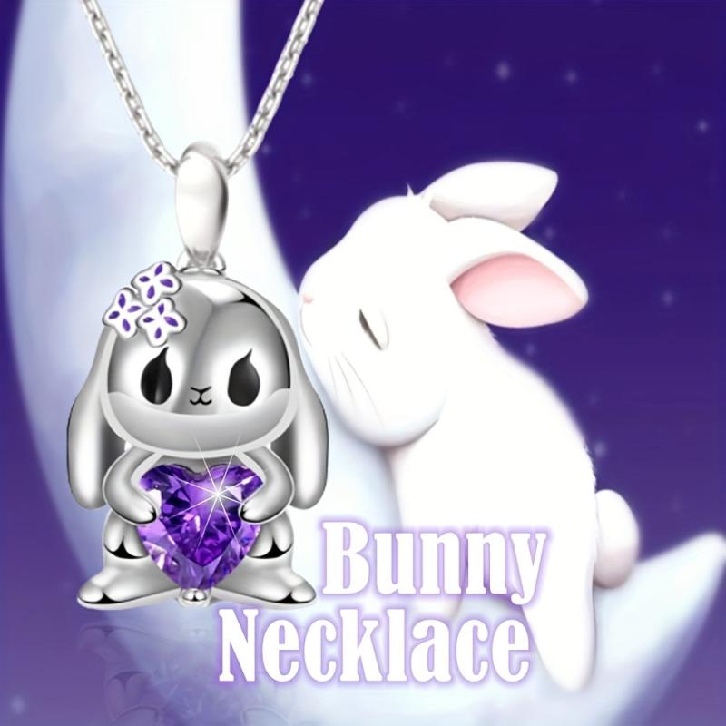 Heart Purple Crystal Bunny Pendant Necklace For Women