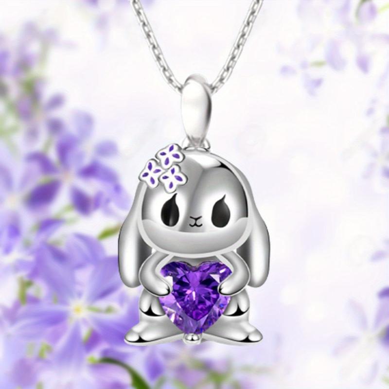 Heart Purple Crystal Bunny Pendant Necklace For Women