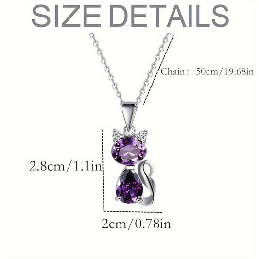 Artificial Amethyst Cat Pendant Necklace Women Animal Sweater Chain Jewelry
