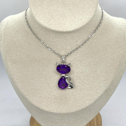 Artificial Amethyst Cat Pendant Necklace Women Animal Sweater Chain Jewelry