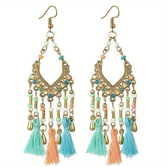 Bohemian Fan-shaped Ethnic Style Hollow Long Earrings for Party Wedding Banquet