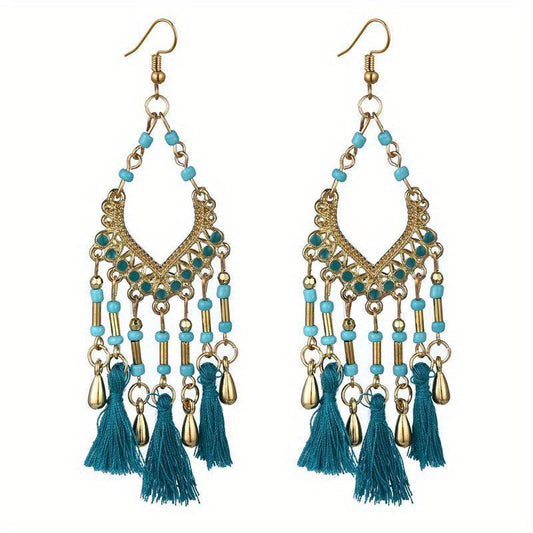 Bohemian Fan-shaped Ethnic Style Hollow Long Earrings for Party Wedding Banquet