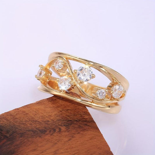 Wave Geometric Lines Ring Women Golden Plated Zircon Ring