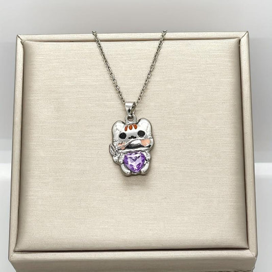 Cartoon Cat Heart Crystal Pendant Necklace Women Animal Jewelry